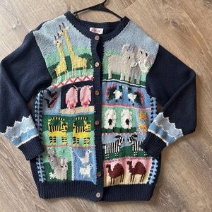 Vintage Orvis Women's Medium Cardigan Sweater Noah's Ark Navy Blue